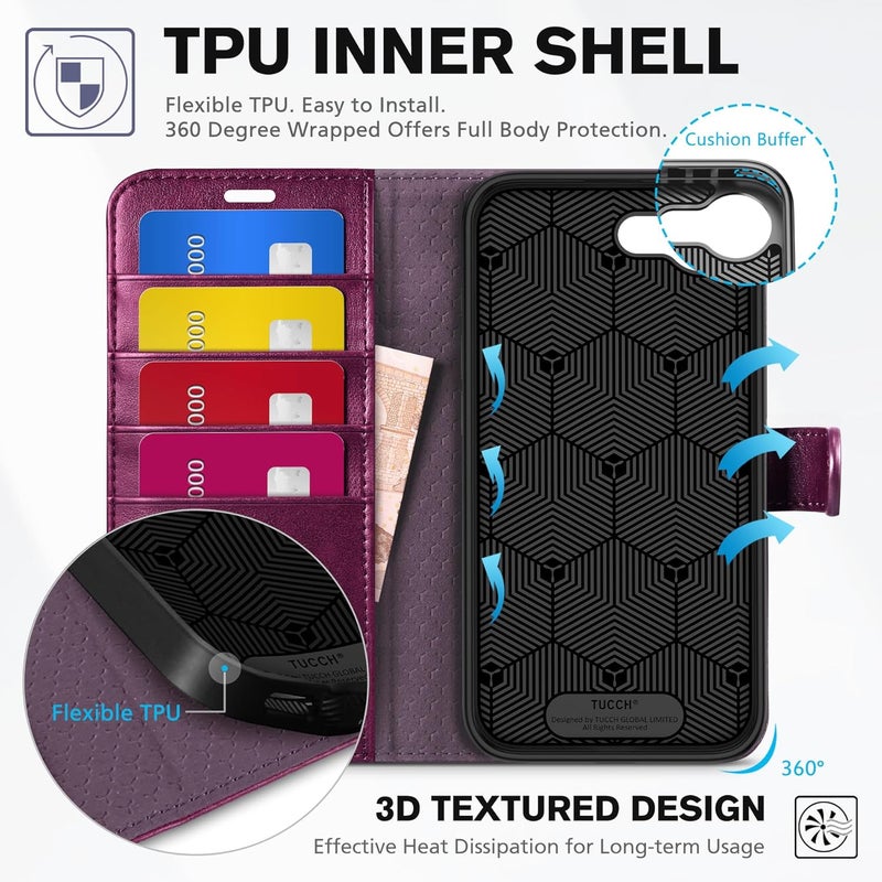 TUCCH Case Wallet for iPhone 16e, Kickstand PU Leather Magnetic Protective Flip Cover with [RFID Blocking] [4 Card Slots] [TPU Interior Case] Compatible with iPhone 16e 6.1", Plum Purple - Image 5